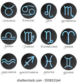 The signs of the zodiac. The astrological signs. Zodiac belt. Astrological horoscope. Round black frame. The twelve zodiac signs blue. The flat design. Vector illustration.