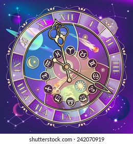 signs of the zodiac, astrological clock, vector illustration