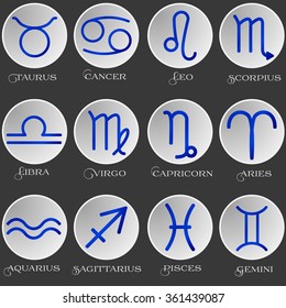 The signs of the zodiac. The astrological signs. Zodiacal circle. Astrological horoscope. Round white frame. The twelve zodiac signs blue. The flat design. Vector illustration.