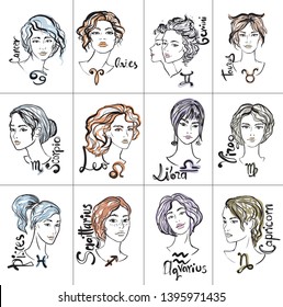 The signs of the Zodiac with beautiful hair, elegant and attractive, modern young women