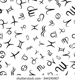 Signs of the zodiac black icons on white, seamless pattern