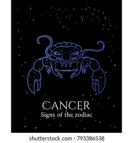 Signs of the zodiac. Cancer hand draw. Luminous style color of the elements. Vector illustration isolated on a white background.