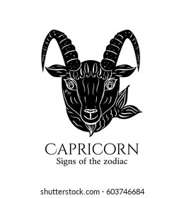Signs of the zodiac. Capricorn hand draw. Black silhouette and white details. Vector illustration isolated on a white background.