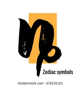 Signs of the zodiac. Capricorn symbol hand draw. Black silhouette. Vector illustration with yellow rectangle isolated on a white background.