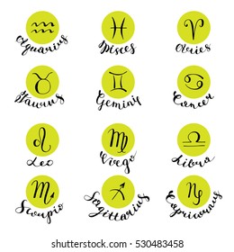 Signs of the zodiac with captions. Zodiac icons. Hand-drawn, lettering.