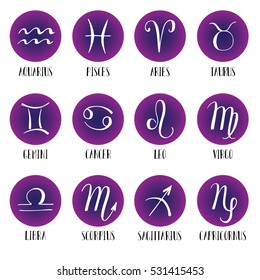 Signs of the zodiac with captions. Zodiac icons. Hand-drawn, lettering.