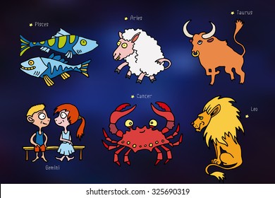 Signs of the zodiac. Cartoon icons on sky background. Decorative hand-made illustrations for posters, stickers, calendars, astrological forecast.