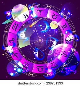 The signs of the zodiac, zodiac circle in space, vector illustration