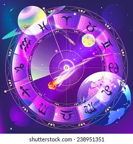 The signs of the zodiac, zodiac circle in space, vector illustration