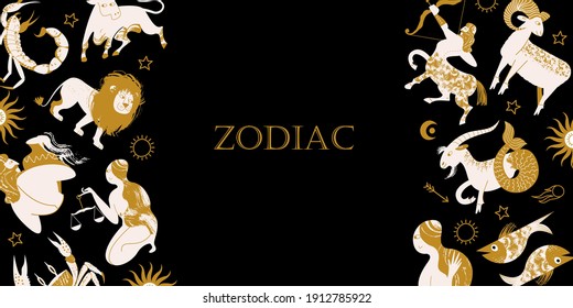The signs of the zodiac, cosmic, esoteric symbols on a black background. Vector illustration.