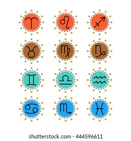 Signs of zodiac, flat colored icons for horoscope and predictions.