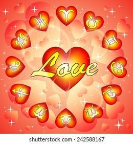 signs of the zodiac with flying hearts on Valentine's Day, love horoscope, vector illustration