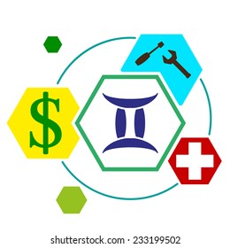 signs of the zodiac in  form  hexagonal buttons, with icons work, medicine, Finance, vector illustration