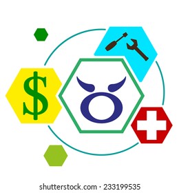 signs of the zodiac in  form  hexagonal buttons, with icons work, medicine, Finance, vector illustration