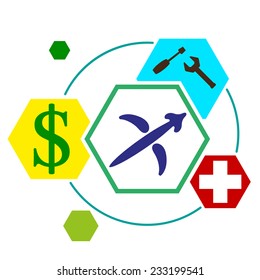 signs of the zodiac in  form  hexagonal buttons, with icons work, medicine, Finance, vector illustration