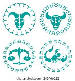 signs of the zodiac, four characters, set against white background, vector illustration