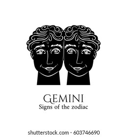 Signs of the zodiac. Gemini  hand draw. Black silhouette and white details. Vector illustration isolated on a white background.