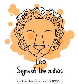 Signs of the zodiac. Horoscope hand drawing.  Leo symbol. The black outline drawing isolated on a white background with a colored pseudo watercolor. Astrology. 