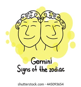 Signs of the zodiac. Horoscope hand drawing. Gemini symbol. The black outline drawing isolated on a white background with a colored pseudo watercolor. Astrology. 