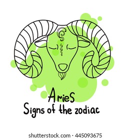 Signs of the zodiac. Horoscope hand drawing. Aries symbol. The black outline drawing isolated on a white background with a colored pseudo watercolor. Astrology. 