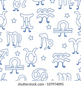 Signs of the zodiac. Horoscope hand drawing. Lovely characters with eyes and legs. Seamless pattern. The outline blue hand drawing isolated on a white background. Astrology.