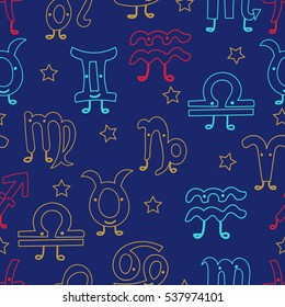 Signs of the zodiac. Horoscope hand drawing. Lovely characters with eyes and legs. Seamless pattern. The outline color hand drawing isolated on a blue background. Astrology.