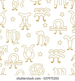 Signs of the zodiac. Horoscope hand drawing. Lovely characters with eyes and legs. Seamless pattern. The outline  gold hand drawing isolated on a white background. Astrology.