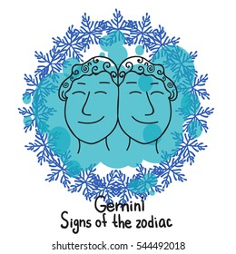 Signs of the zodiac. Horoscope hand drawing. Gemini symbol. Winter Frame of snowflakes. The black outline drawing isolated on a white background with a colored pseudo watercolor. Astrology.