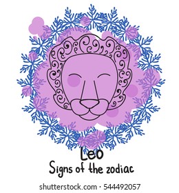 Signs of the zodiac. Horoscope hand drawing.Leo symbol. Winter Frame of snowflakes. The black outline drawing isolated on a white background with a colored pseudo watercolor. Astrology.