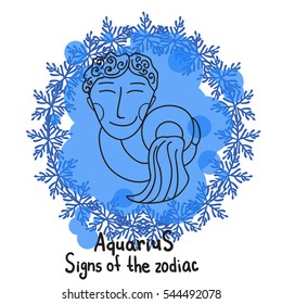 Signs of the zodiac. Horoscope hand drawing. Aquarius symbol. Winter Frame of snowflakes. The black outline drawing isolated on a white background with a colored pseudo watercolor. Astrology.