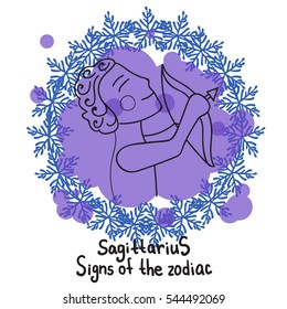 Signs of the zodiac. Horoscope hand drawing.Sagittarius symbol. Winter Frame of snowflakes. The black outline drawing isolated on a white background with a colored pseudo watercolor. Astrology.