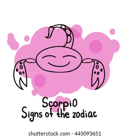 Signs of the zodiac. Horoscope hand drawing.Scorpio symbol. The black outline drawing isolated on a white background with a colored pseudo watercolor. Astrology. 