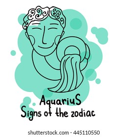 Signs of the zodiac. Horoscope hand-drawing. Aquarius.The black outline drawing isolated on a white background with a colored pseudo watercolor. Astrology. 