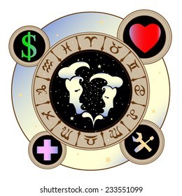 signs of the zodiac icons medicine, work, heart, Finance, vector illustration