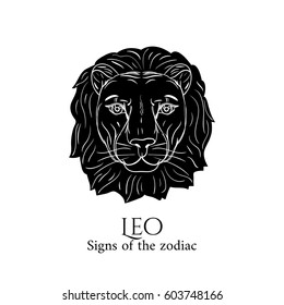 Signs of the zodiac. Leo hand draw. Black silhouette and white details. Vector illustration isolated on a white background.