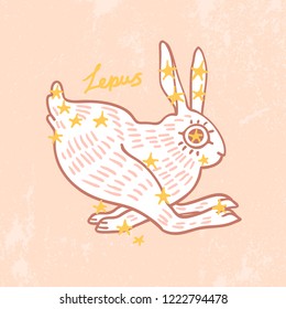 Signs of the zodiac. Lepus. Typography graphic print, fashion drawing for t-shirts. Vector stickers,print, patches vintage