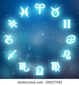 The signs of the zodiac on a blue background with a bright outline. Vector illustration.