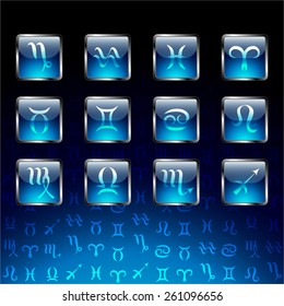 Signs of zodiac on glossy icons and navy blue background.