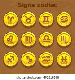 Signs zodiac on the old gold coins, resource gaming element