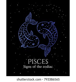 Signs of the zodiac. Pisces hand draw. Luminous style color of the elements. Vector illustration isolated on a white background.