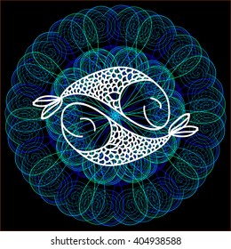 Signs of the zodiac. Pisces. Isolated outline vector EPS10. Astrology.Bright glowing mandala in the background.