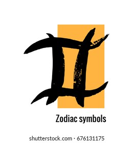 Signs of the zodiac. Pisces symbol hand draw. Black silhouette. Vector illustration with yellow rectangle isolated on a white background.