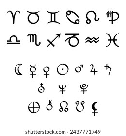 Signos del zodíaco y símbolos planetarios de la astrología. Doce signos del zodiaco, diez símbolos gráficos del planeta y los signos de Quirón, Lirio Verdadero, Nodos Ascendentes y Descendentes, en estilo caligráfico.