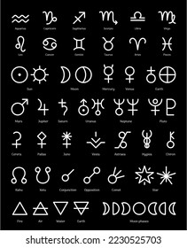 Signs of Zodiac, planets, asteroids, aspects, lunar phases set. Ritual astrology, ancient alchemy, occult symbols and horoscope pictograms on black background outline vector illustration