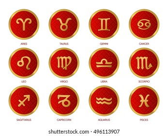 Signs zodiac in red circle on a white background. Isolated objects. Vector illustration.