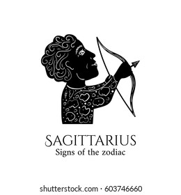 Signs of the zodiac. Sagittarius hand draw. Black silhouette and white details. Vector illustration isolated on a white background.