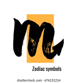 Signs of the zodiac. Scorpio symbol hand draw. Black silhouette. Vector illustration with yellow rectangle isolated on a white background.