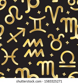 Signs of zodiac seamless pattern. Twelve gold sign of astrology and horoscope symbols background. Constellation icons repeat ornament for paper wrap, fabric print, wallpaper decor. Vector illustration