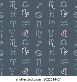 Signs of zodiac seamless pattern. Twelve grey sign of astrology and horoscope symbols background. Constellation icons repeat ornament for paper wrap, fabric print, wallpaper decor. Vector art