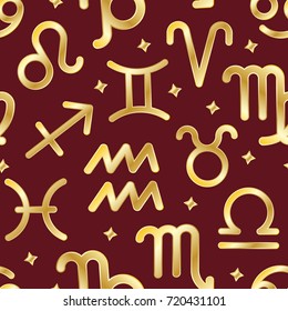 Signs of zodiac seamless pattern. Twelve gold icons of astrology and horoscope symbols. Vector illustration